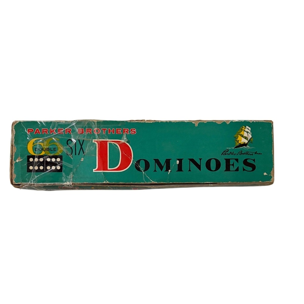 Vintage Parker Brothers Double Six Dominoes Black White Pips‎ Green Box Set